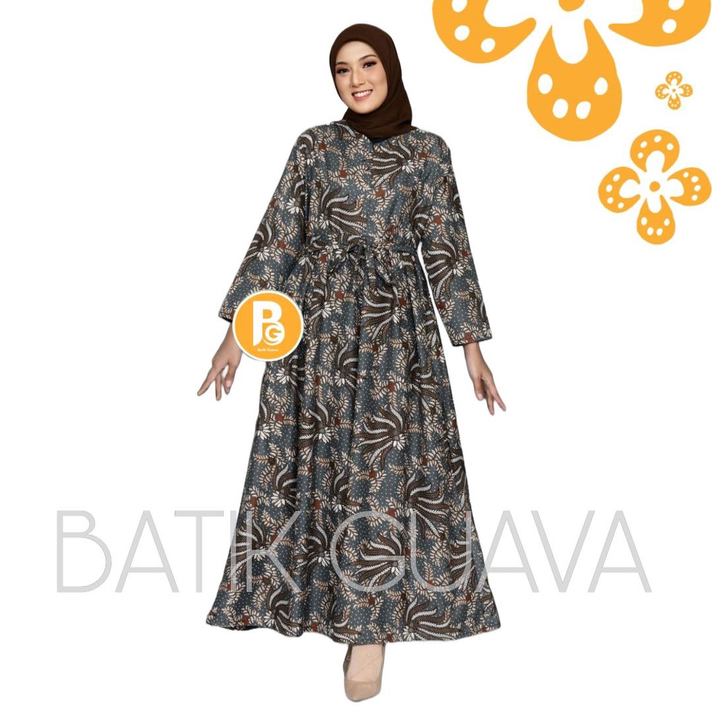 TERBARU - Gamis Batik Maxi Busui - Gamis Batik Modern Allsize LD 110 Tebal - Gamis Batik kekinian Motif Kobis Abu