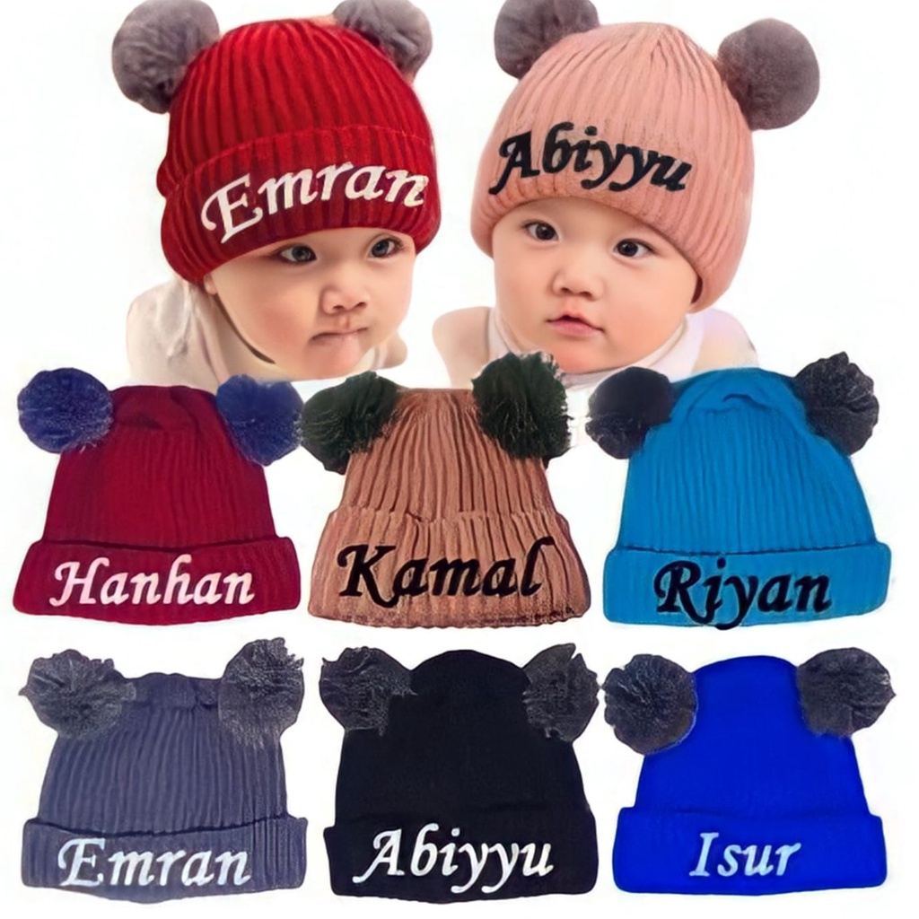 TOPI KUPLUK JAMBUL POMPOM KUPLUK BAYI PRIA WANITA GRATIS BORDIR NAMA SENDIRI SUKA SUKA | TOPI KUPLUK POMPOM ANAK