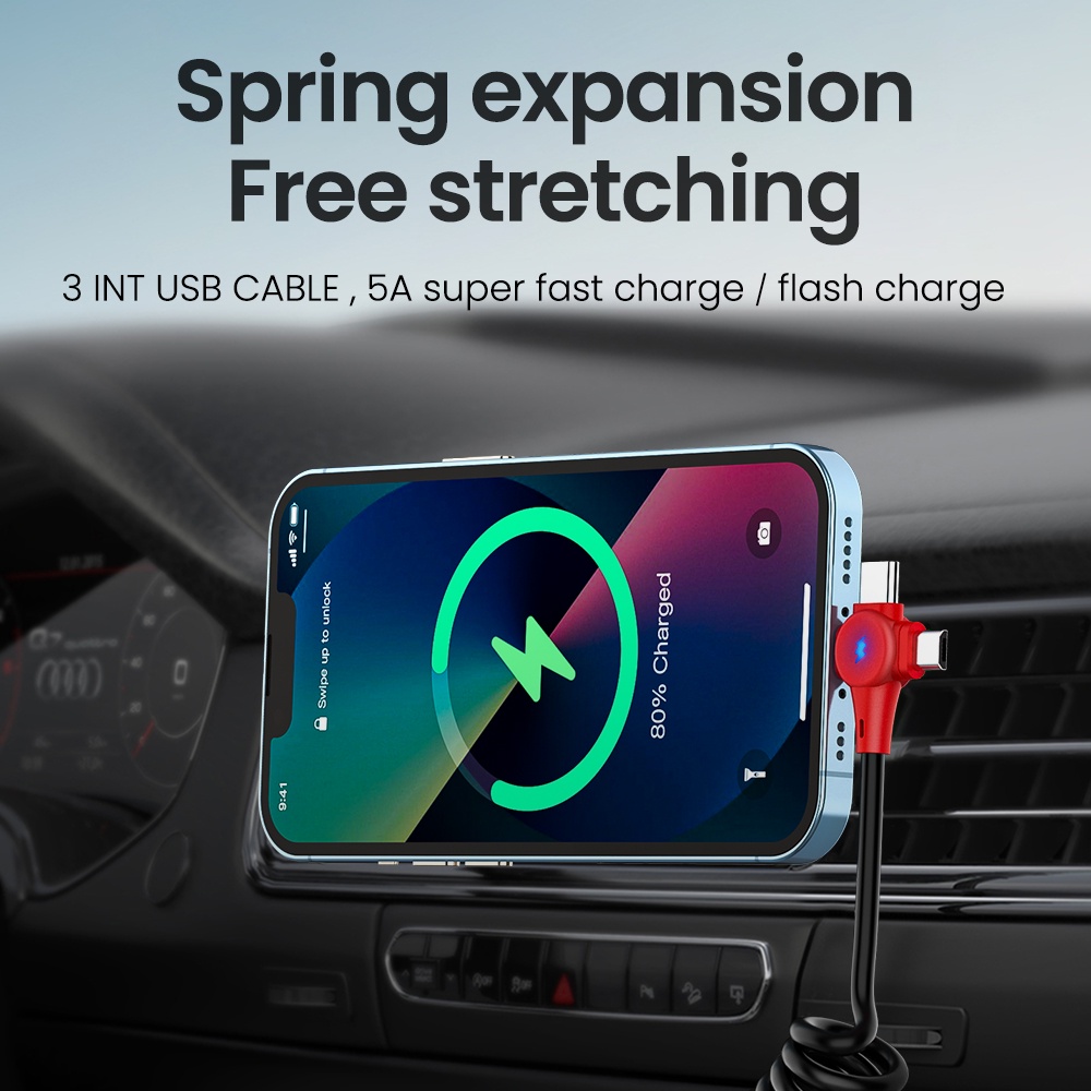 1.8m 5A Kabel Musim Semi Pengisian Cepat 3in1 Kabel Cas Yang Dapat Ditarik Untuk Micro USB-C Kabel Pencahayaan USB Charger