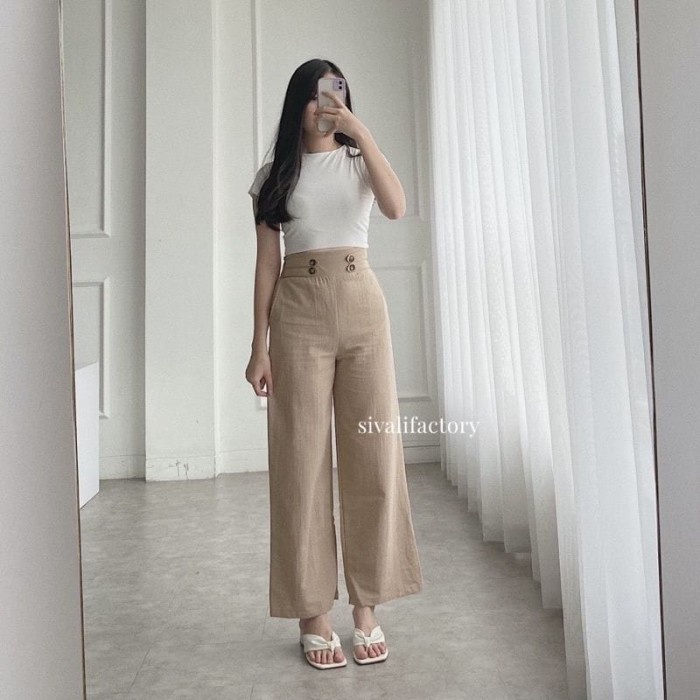 LINEN HIGHWAIST 2238 CULLOT DOUBLE BUTTON CELANA MASAKINI HW - mocca