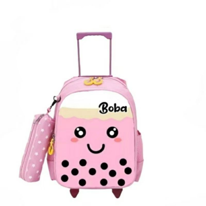 Tas ransel troli anak karakter Boba 2in1 - tas + tempat pinsiil ~ tas dorong roda boba