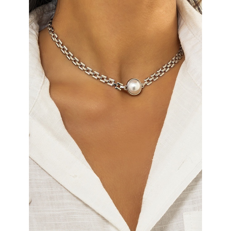 Kalung Choker Mutiara Imitasi Simple Untuk Wanita Geometris Persegi Tipis Link Rantai Kerah Pendek