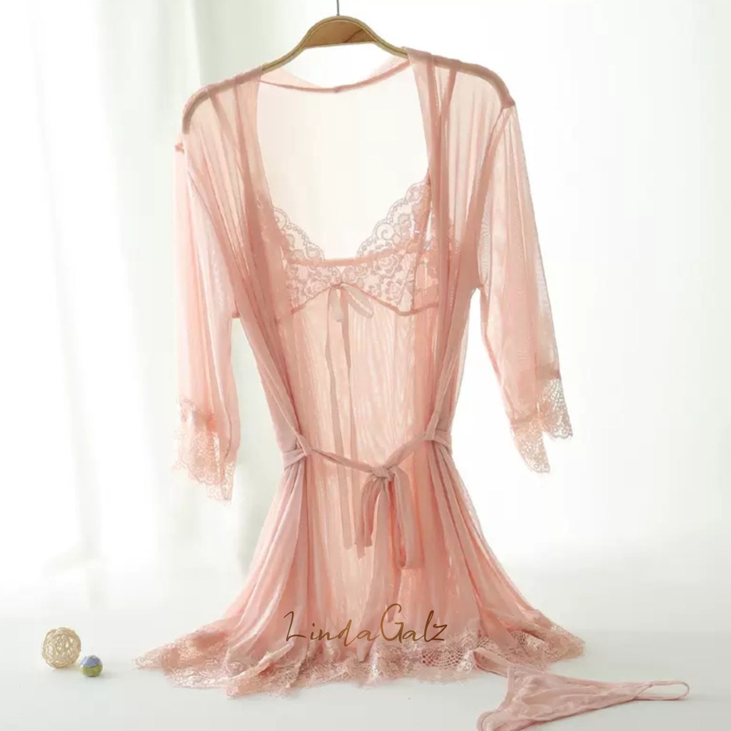 LindaGalz - Pakaian Tidur Wanita Dewasa / Kimono lingerie Sexy Jumbo 4 in 1 2001-BABYPINK