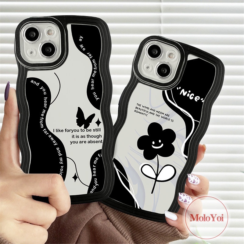 IPHONE Casing Retro Kupu-Kupu Kompatibel Untuk Iphone14 11 13 12 Pro Max XR X7 14 6s 86 Plus XS Max SE 2020 Shockproof Vintage Black Flower Soft Tpu Wavy Edge Back Cover