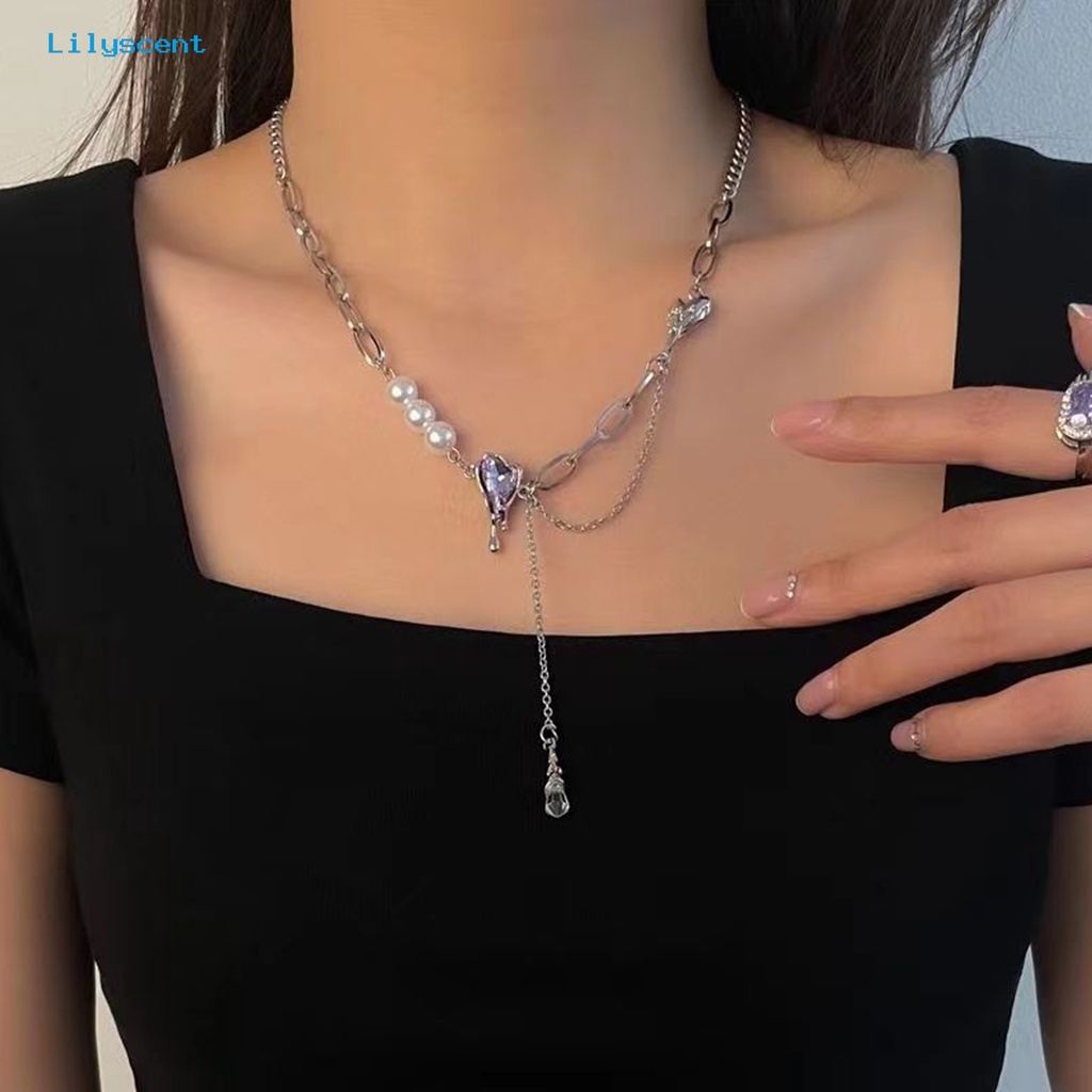 [LS] Charm Kalung Rumbai Rantai Gaya Senada Electroplating Mutiara Imitasi Kepribadian Dekorasi Leher Menawan Aksesoris Cinta Hati Kalung Liontin Kristal Imitasi Untuk Kehidupan Sehari-Hari