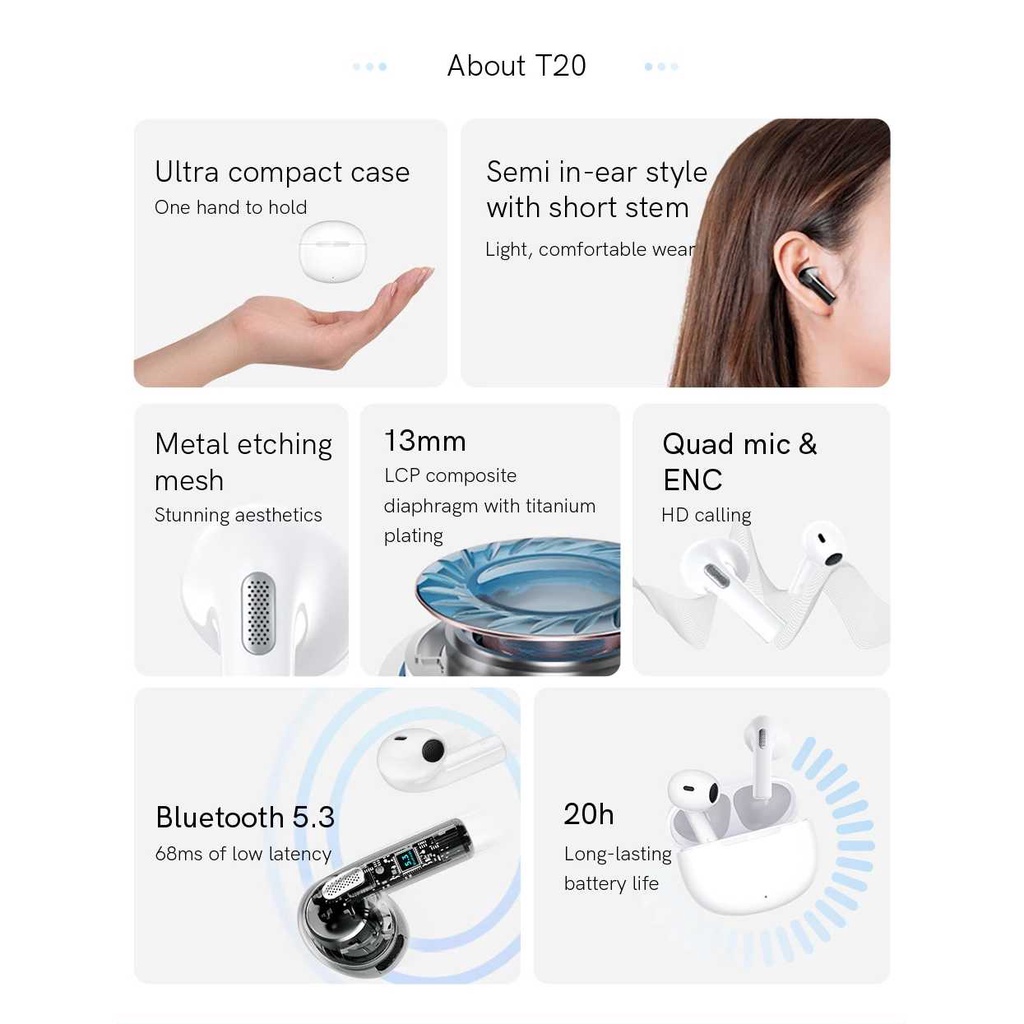 QCY T20 Ailypods TWS Bluetooth 5.3 Earphone Wireless Noise Reduction