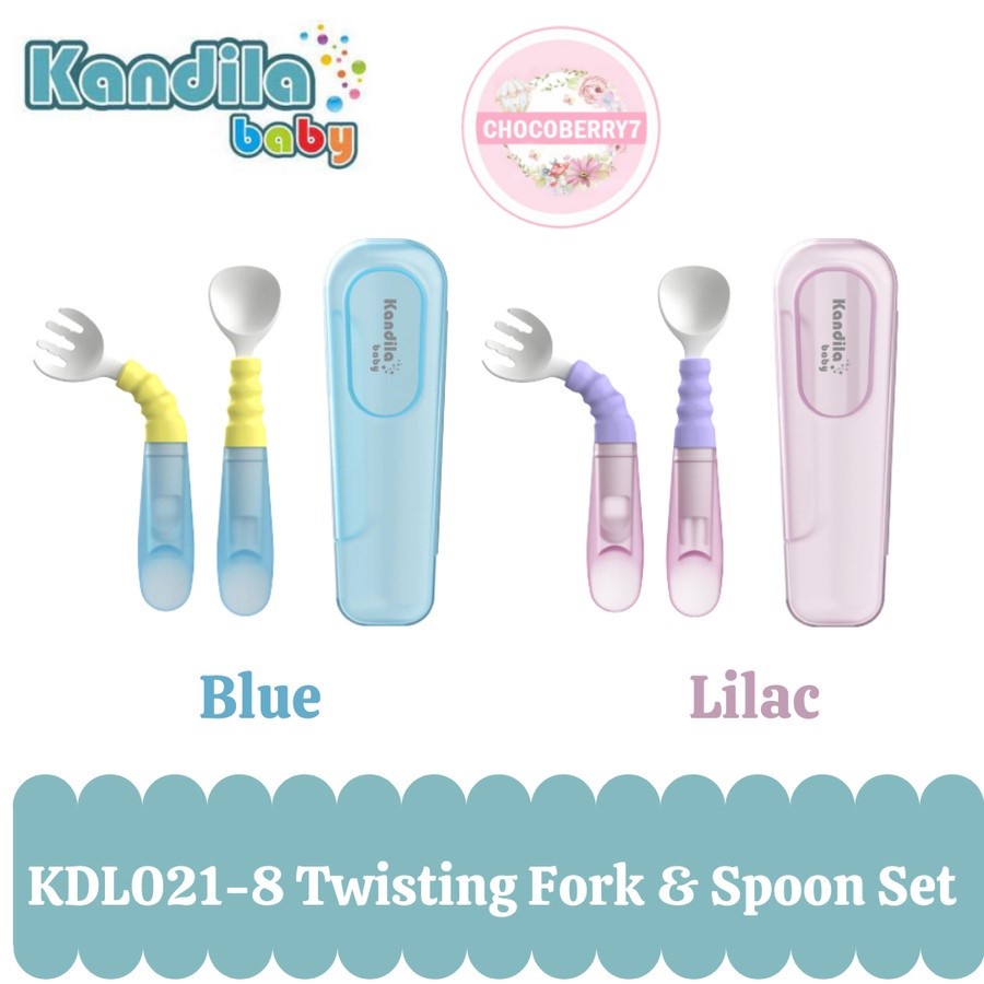 KANDILA KDL021-8-FORK &amp; SPOON SET - Sendok Garpu Lentur Suction Twisting Spoon Lilac Blue Sendok Makan Bayi