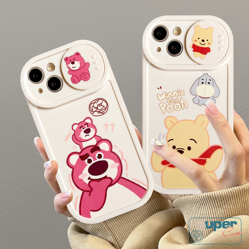 Kartun Manyo Strawberry Bear Winnie the Pooh Couple Case Kompatibel Untuk IPhone 7plus 11 13 12 Pro Max7 8 Plus XR X XS MAX Lembut TPU Silicon Pull Push Window Penutup Pelindung Kamera