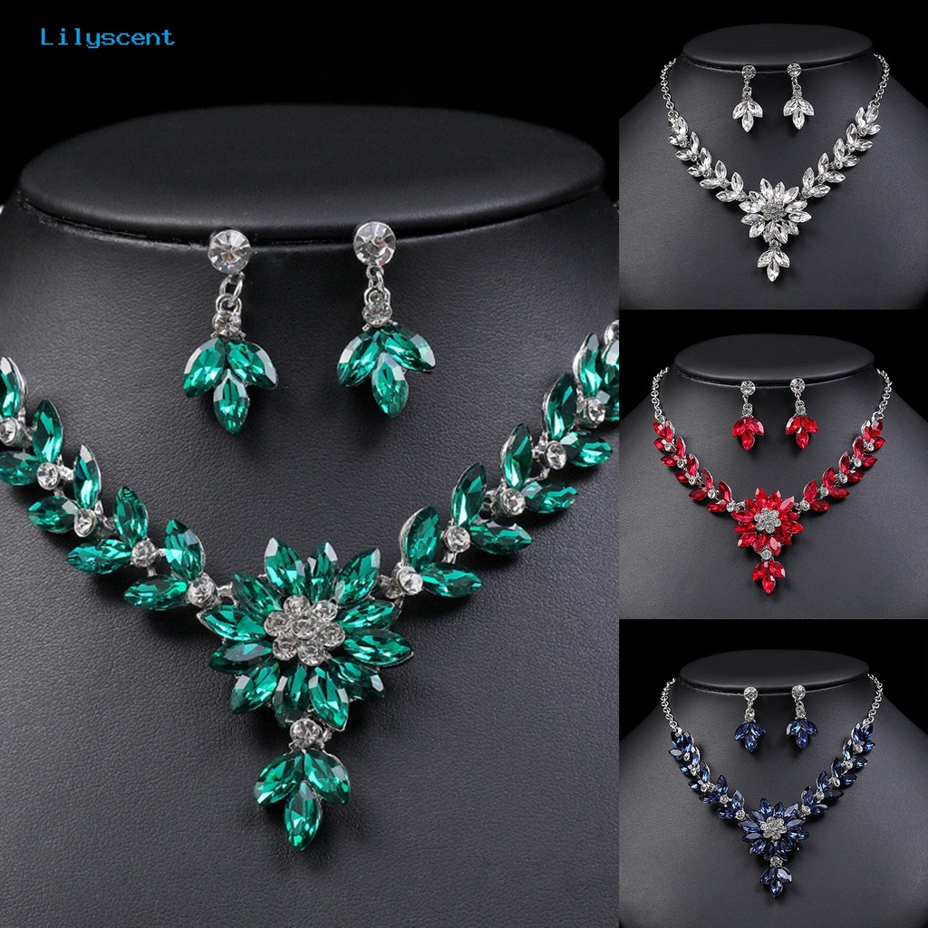 [LS] 1set Menjuntai Anting Vintage Kristal Imitasi Pengerjaan Indah Warna Kontras Geometris Dekorasi Cantik Berlian Imitasi Pesta Malam Kalung Set Perhiasan Aksesori