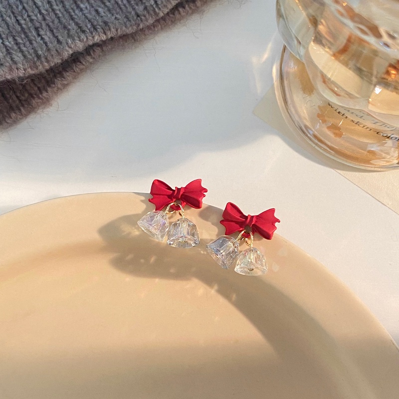 We Flower Lucky Red Bow Crystal Bell Stud Earrings Untuk Wanita Gadis Korea Lucu Ikatan Simpul Anting Keberuntungan Telinga Perhiasan Hadiah