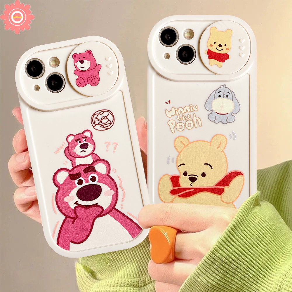 IPHONE Pasangan Strawberry Bear Manyo Winnie the Pooh Case Kompatibel Untuk Iphone11 7plus 13 12 Pro Max7 8 Plus XR X XS MAX Kartun Tarik Jendela Kamera Perlindungan Soft Cover