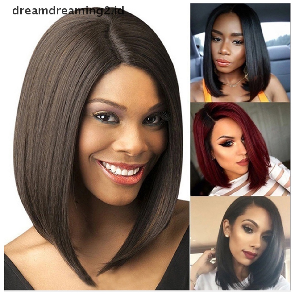 (dream) Wig Bob Pendek Wanita Lurus Tanpa Lem Lace Front Human Hair.