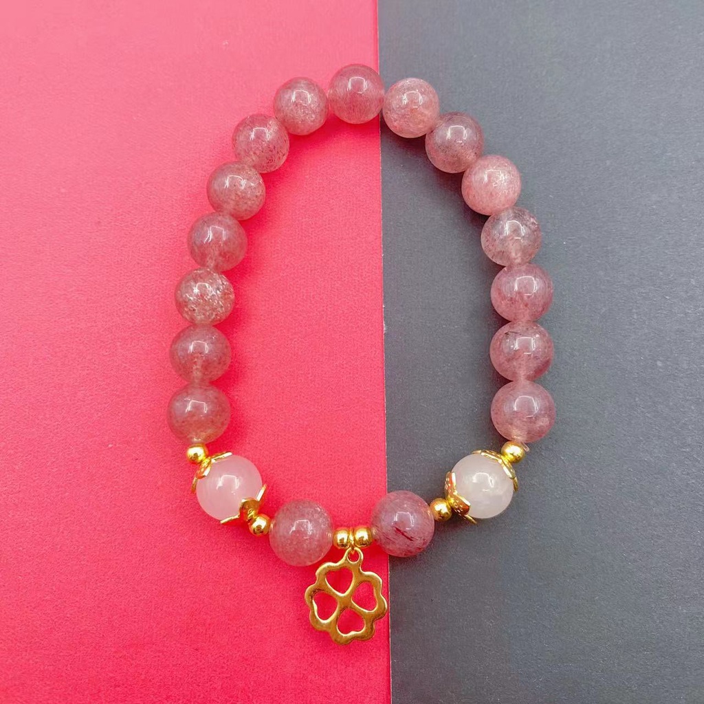 Gelang Kristal Energi Positif Alami Strawberry Empat Daun Clover Peach Blossom Untuk Perhiasan Wanita