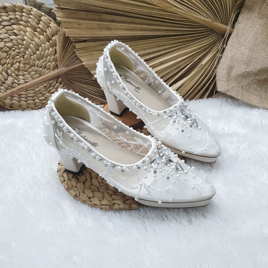 Sepatu wedding pesta Cantik April putih 7cm tahu