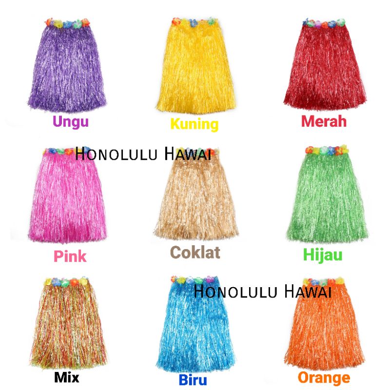 Rok Hula Hawai Aksesoris Kalung Bunga Hawai dan Set Hawai Pesta Hawaiian Rok Rumbai Anak