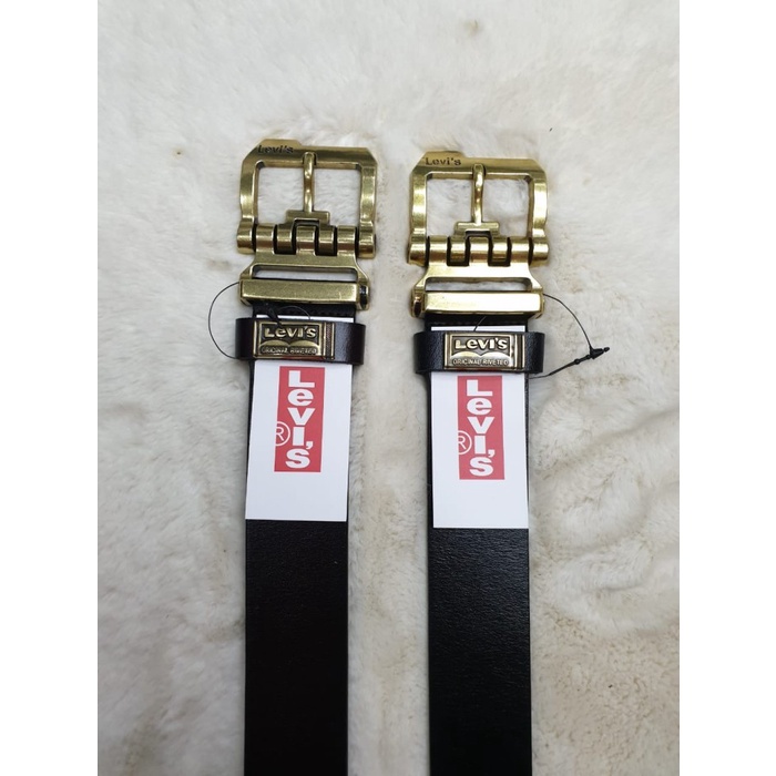 Sabuk [PROMO] Ikat pinggang / gesper / sabuk pria levis KULIT ASLI IMPORT - gold/ hitam, 110 /115 cm
