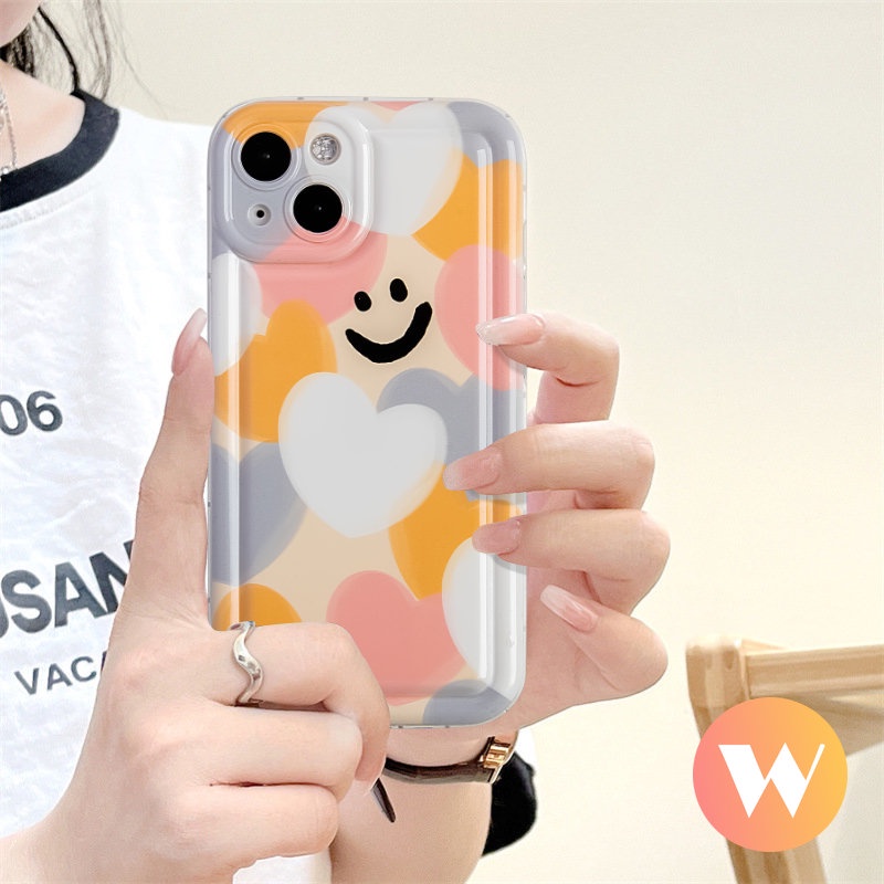 IPHONE Warna-warni Cinta Hati Shockproof Airbag Kartun Case Kompatibel Untuk Iphone11 12 14 13 Pro MAX XR X 6 6S 7 8 Plus XS MAX SE 2020 Pelindung Kamera Smiley Lucu Lembut TPU Back Cover