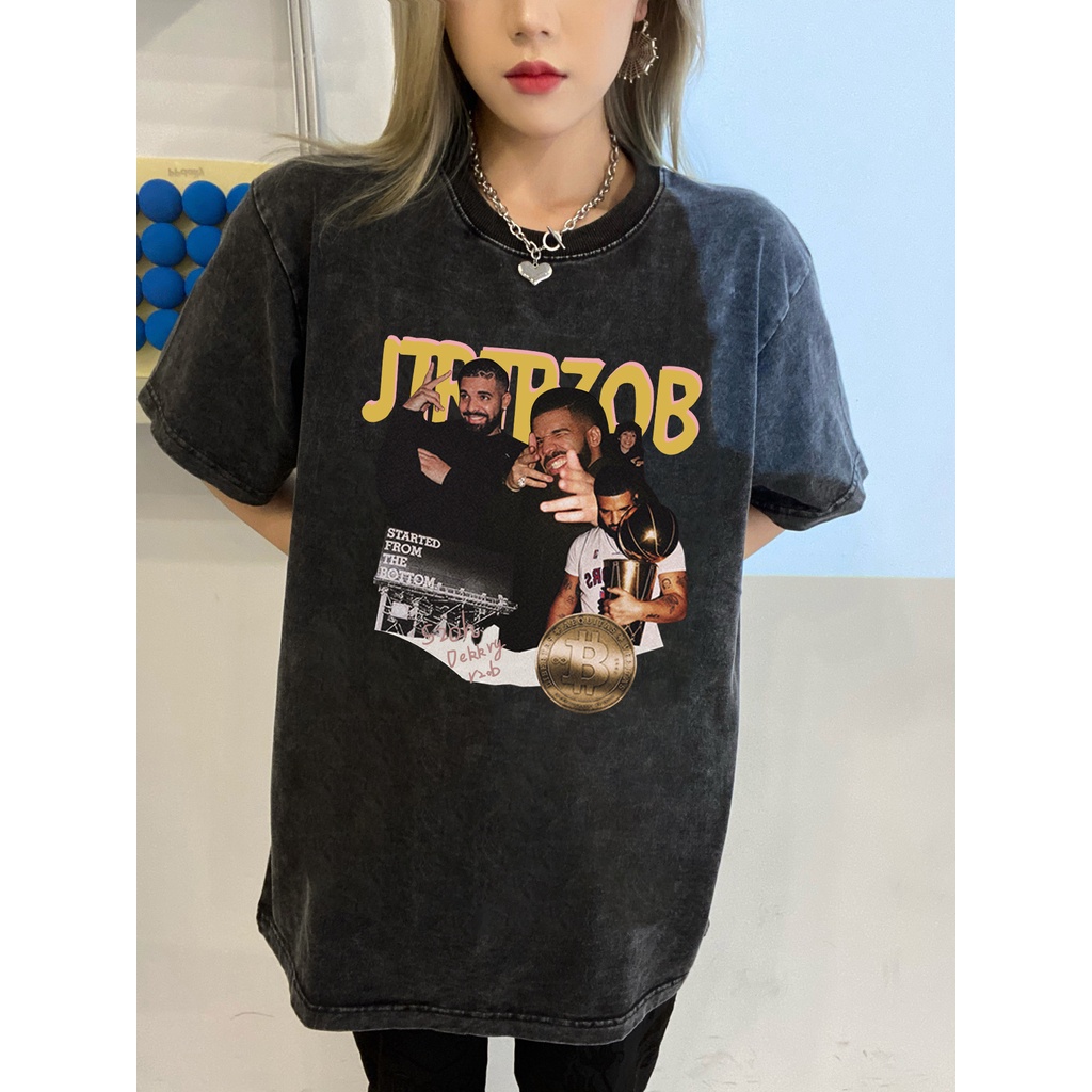 EUNII T-shirt Lengan Pendek Black Washed Hip Hop Boy Printing Korean Style/Kaos Atasan Wanita/Baju Wanita/Kaos Wanita