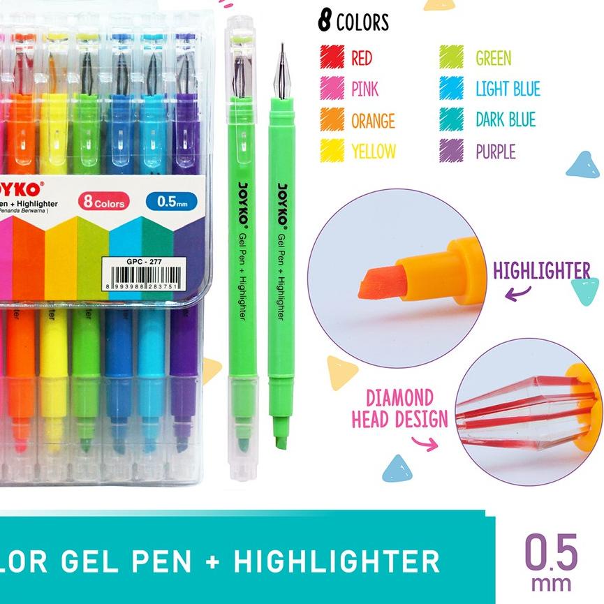 

✨Grosir✨ Color Gel Pen Pena Jel + Highlighter Penanda Joyko GPC-277 8 Warna serbuuu !
