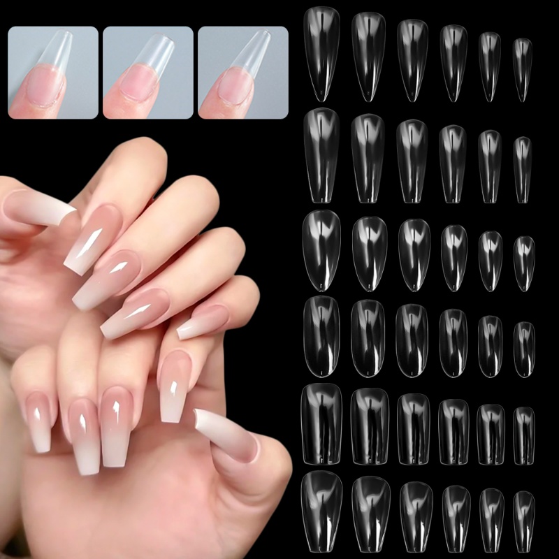 24 Pcs Alami Penuh Penutup Panjang Ballerina Peti Mati Kuku Palsu Akrilik Buatan Ekstensi Kuku Palsu Kit Jernih Tekan Pada Kuku Tips Set DIY Manicure Nail Art Aksesoris