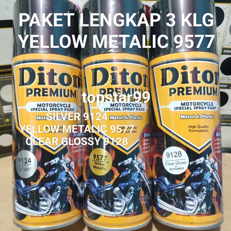 Diton Premium Paket Lengkap 3 Kaleng 400cc Kuning Metalik Yellow Metalic 9577 Silver 9124 Clear Glossy 9128 Pilox Pilok Cat Semprot Spray Paint