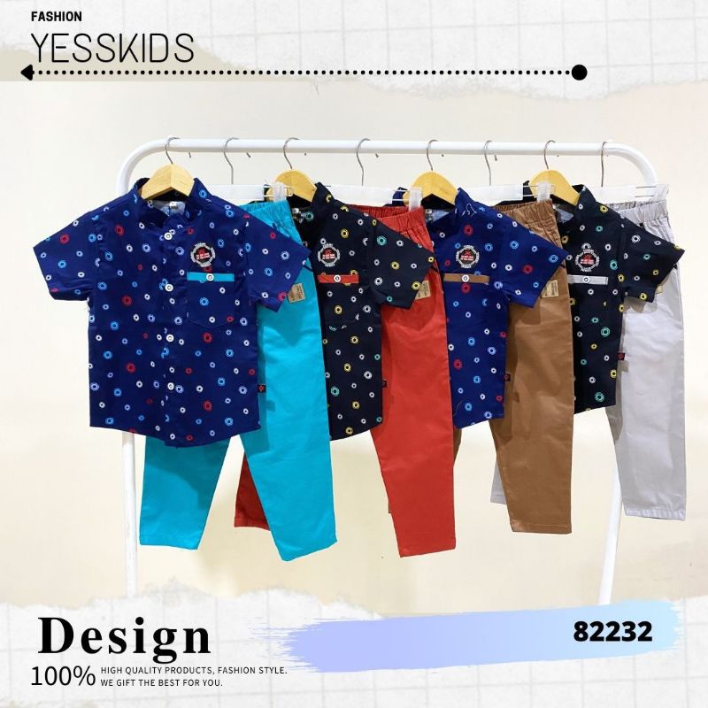 SETELAN KEMEJA YESSKIDS CELANA PANJANG ANAK LAKI LAKI 2-14 TAHUN / SETELAN KEMEJA ANAK CELANA CHINOS IMPORT YESS KIDS CELANA PANJANG MOTIF CIRCLE LINGKARAN