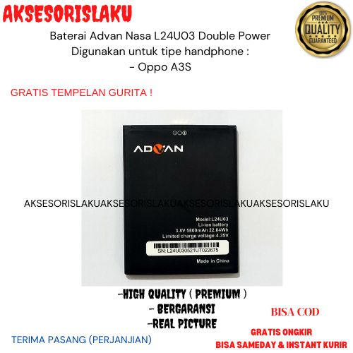 Baterai Advan Nasa L24U03 Double Power Original Batre Batrai HP