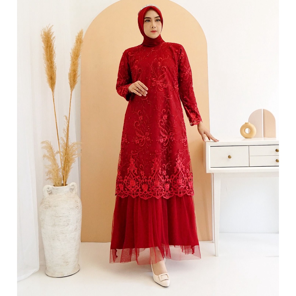 (Full Tile Brukat) Gamis Arini Full Tile Bordir Mutiara Glitter Brukat Tulle Brokat Maxi Dress Pesta