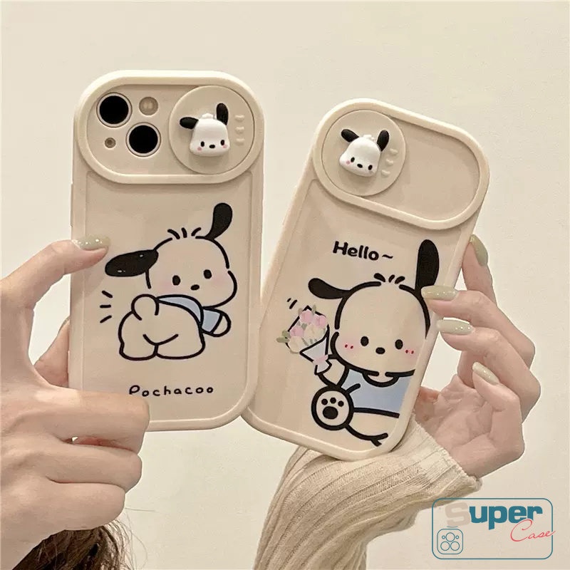 IPHONE Pasangan Casing Ponsel Kompatibel Untuk Iphone7 8 Plus11 13 12 Pro MAX XR X XS MAX Lucu Pochacco Lembut TPU Kartun 3D Boneka Push Pull Jendela Penutup Pelindung Lensa Kamera