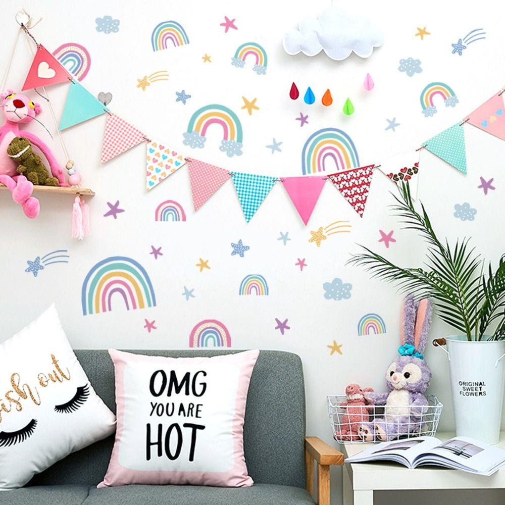 [Elegan] Pelangi Decal Self-adhesive Tahan Air Bercahaya Seni Mural Neon Stiker Bintang DIY Dekorasi Kamar Anak Latar Belakang Wallpaper Dinding