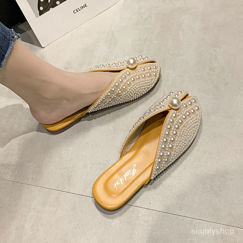 #Sisjuly# Sandal Baotou sandal mutiara sandal bawah datar wanita baru sandal mutiara