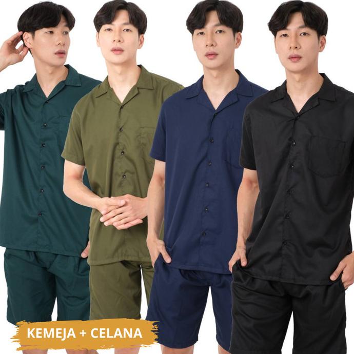 Baju Tidur Piyama Pria Setelan Kemeja Hawaii Polos Pendek