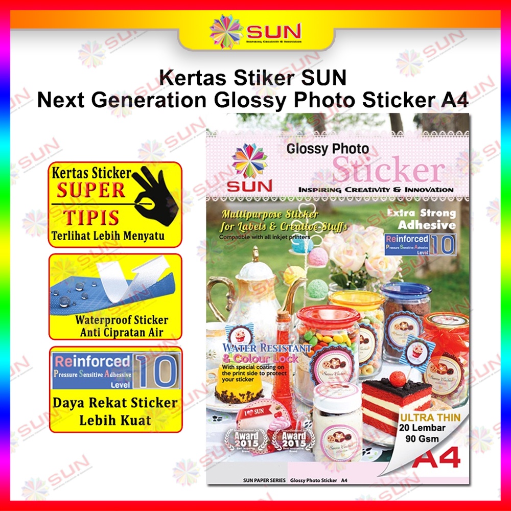 

Kertas Sticker A4/F4 - SUN NG Glossy Photo Sticker Ultra Thin, 140 Gsm, HVS sticker, Foto Glossy