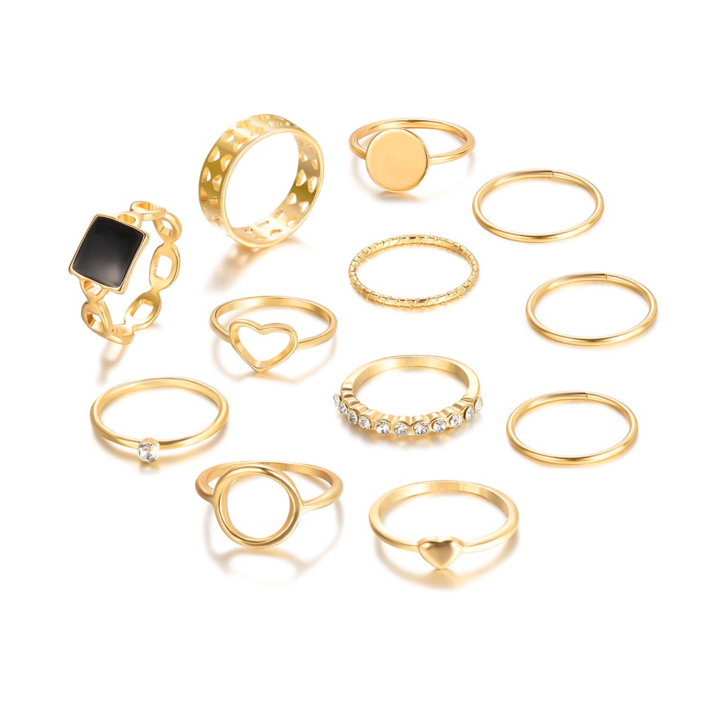 12pcs/set Retro Berongga Jantung Cincin Set Sederhana Lingkaran Geometris Dilipat Berlian Imitasi Cincin Perempuan Wanita Pesta Perhiasan