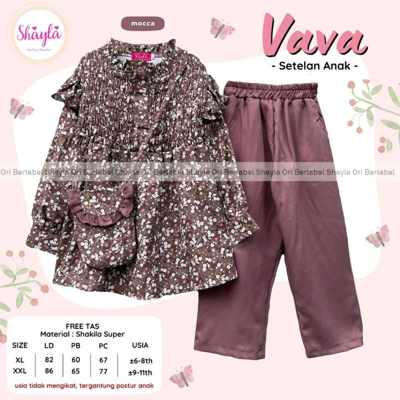 VAVA SET ORI SHAYLA SETELAN TUNIK ANAK MOTIF BUNGA DAN CELANA FREE TAS