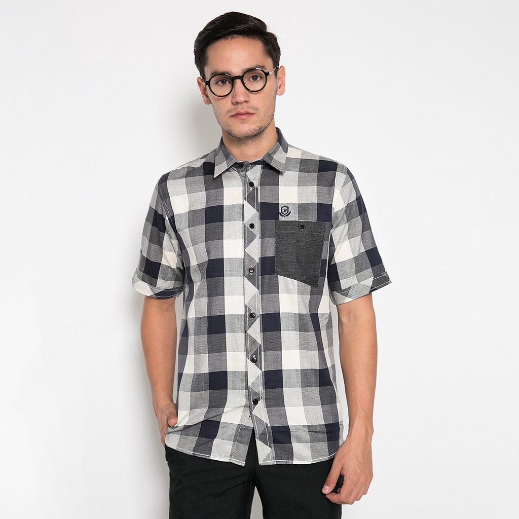 Johnwin - Slim Fit - Kemeja Pria - Lengan Pendek - Kotak - Putih Cream - ASH.670.W880.533.C S/S - Fr