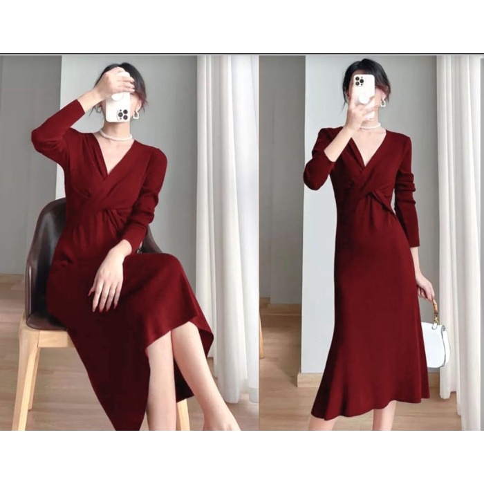 Baju Dress Kaos Wanita Korean Style Gaun Termurah Atasan Pakaian Fashion Casual Terusan Midi Polos V