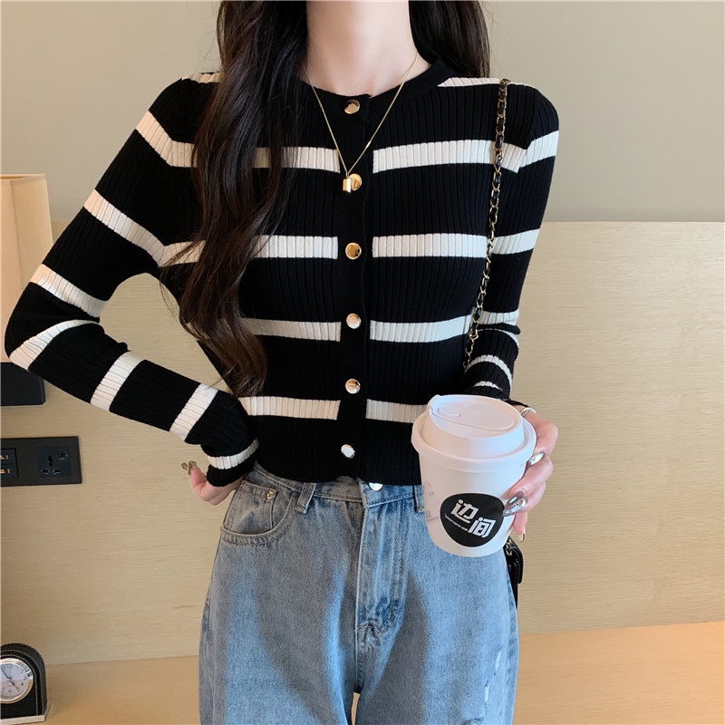 Outerwear Knit Top Stirpe Wanita Lengan Panjang Cardigan Kancing