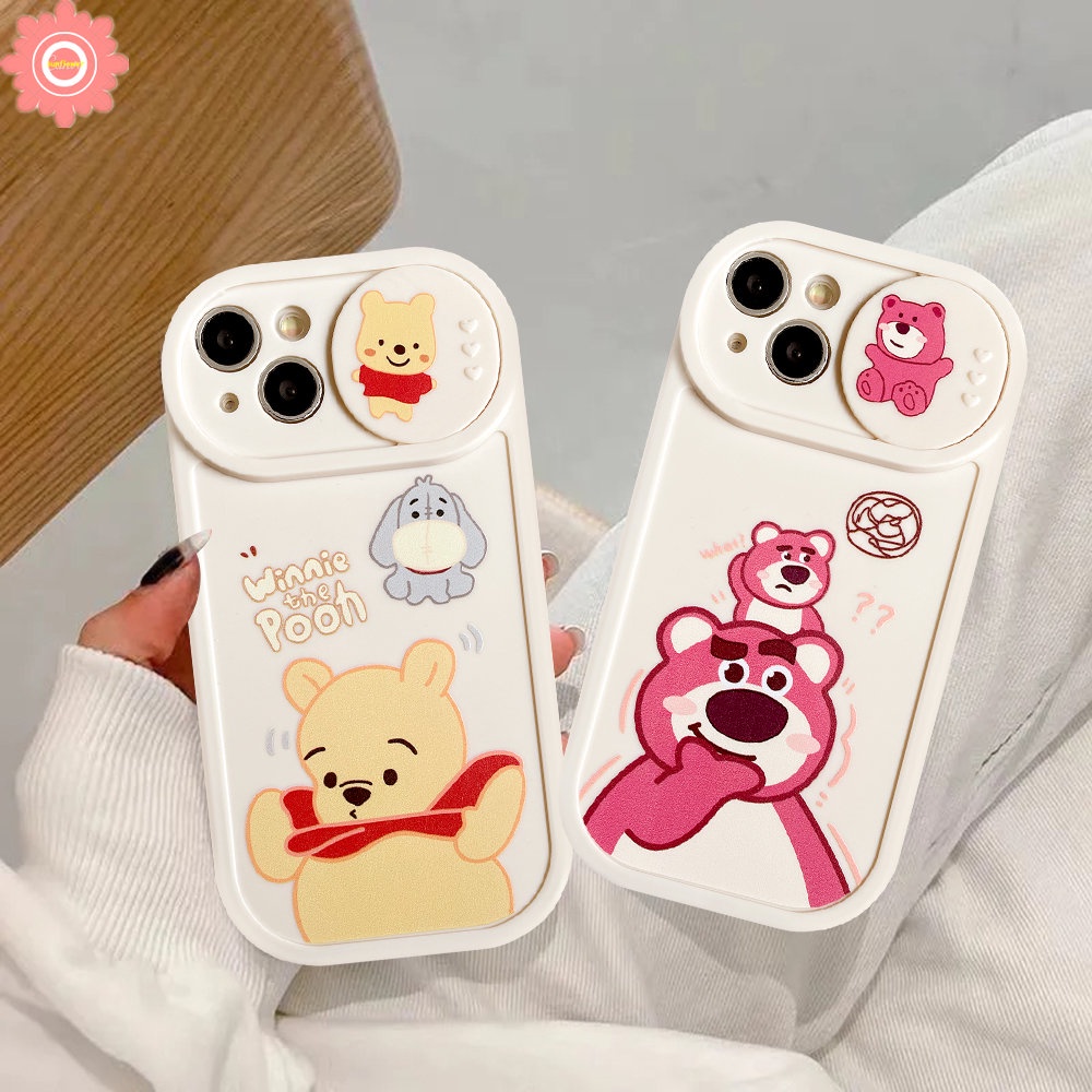 IPHONE Pasangan Strawberry Bear Manyo Winnie the Pooh Case Kompatibel Untuk Iphone11 7plus 13 12 Pro Max7 8 Plus XR X XS MAX Kartun Tarik Jendela Kamera Perlindungan Soft Cover