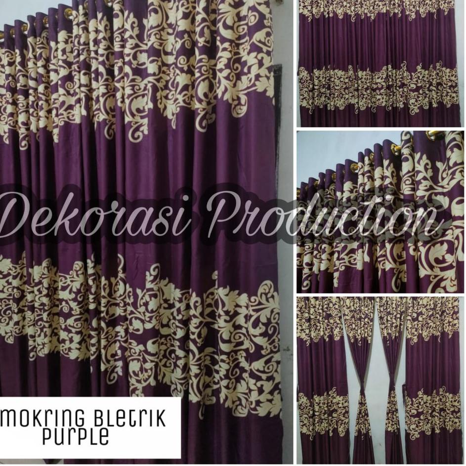 ♘ Tirai Gorden Hordeng Smokring 12 Ring 6 Gelombang Bisa Pintu / Jendela Motif Sultan Batik Ungu ➵