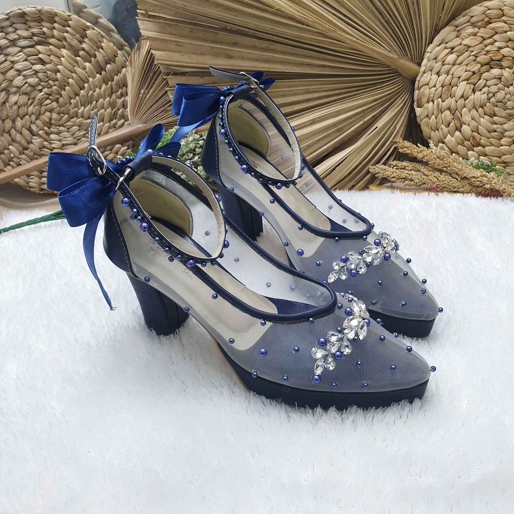 Sepatu wedding pesta cantik v merrisa navy 7cm tahu