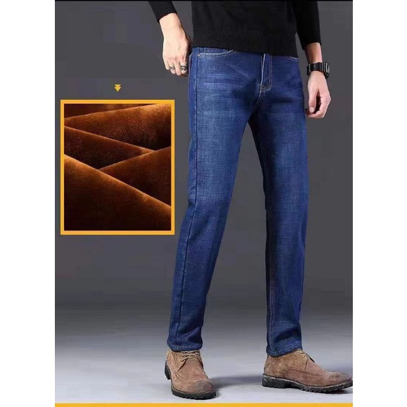 Celana Jeans Musim Dingin pria laki laki / Thermal Bagian dalam Bulu2 halus Penahan Dingin