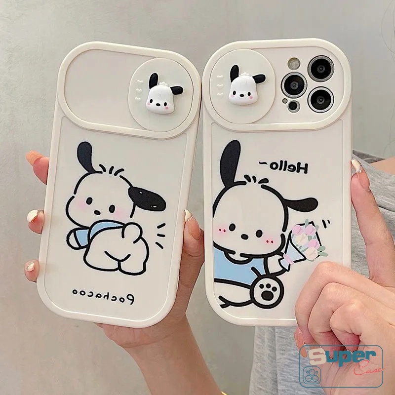 IPHONE Pasangan Casing Ponsel Kompatibel Untuk Iphone7 8 Plus11 13 12 Pro MAX XR X XS MAX Lucu Pochacco Lembut TPU Kartun 3D Boneka Push Pull Jendela Penutup Pelindung Lensa Kamera