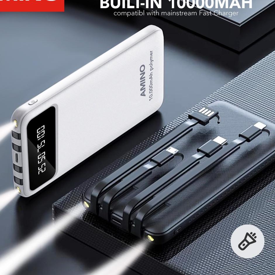 ✨TERBARU✨ AMINO P4 Powerbank 10000 mAh Power Bank 2A Built in Cable Fast Charging 4 Output 2 Input L