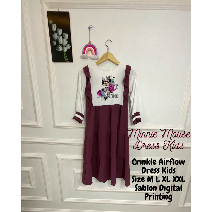 Gamis Anak Perempuan Minni Mouse Dress Kids Crinkle Airflow Usia 3-12 Tahun Motif Sablon Digital Sublim