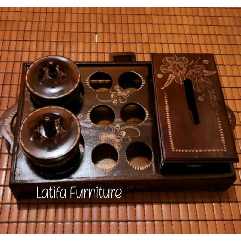 Tempat aqua air mineral gelas 1set 3in1 tisu+toples dari kayu jati asli isi 6lubang