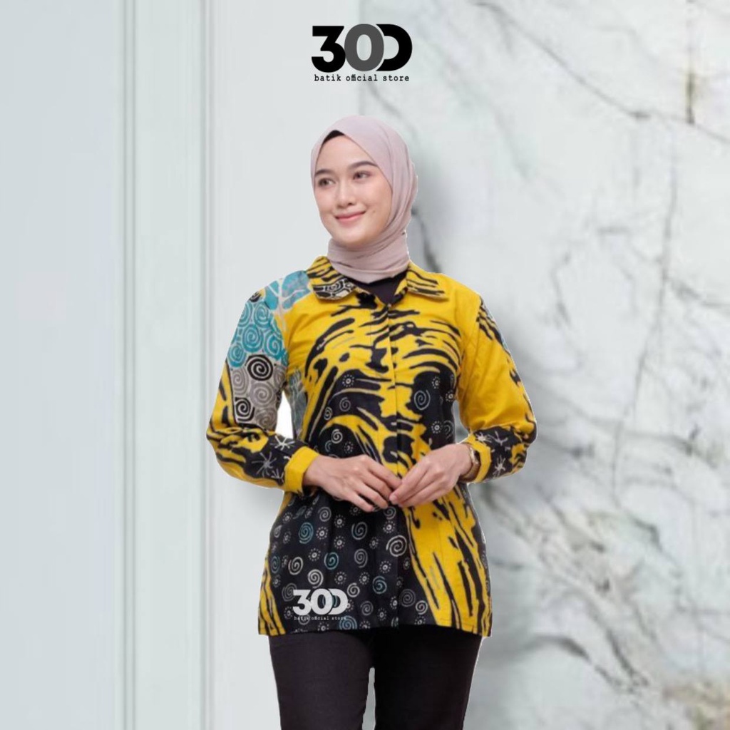 30Dstore Atasan Blouse Batik Wanita Modern Pitaloka Kombinasi Resleting Depan Motif Bunga Lengan Pan