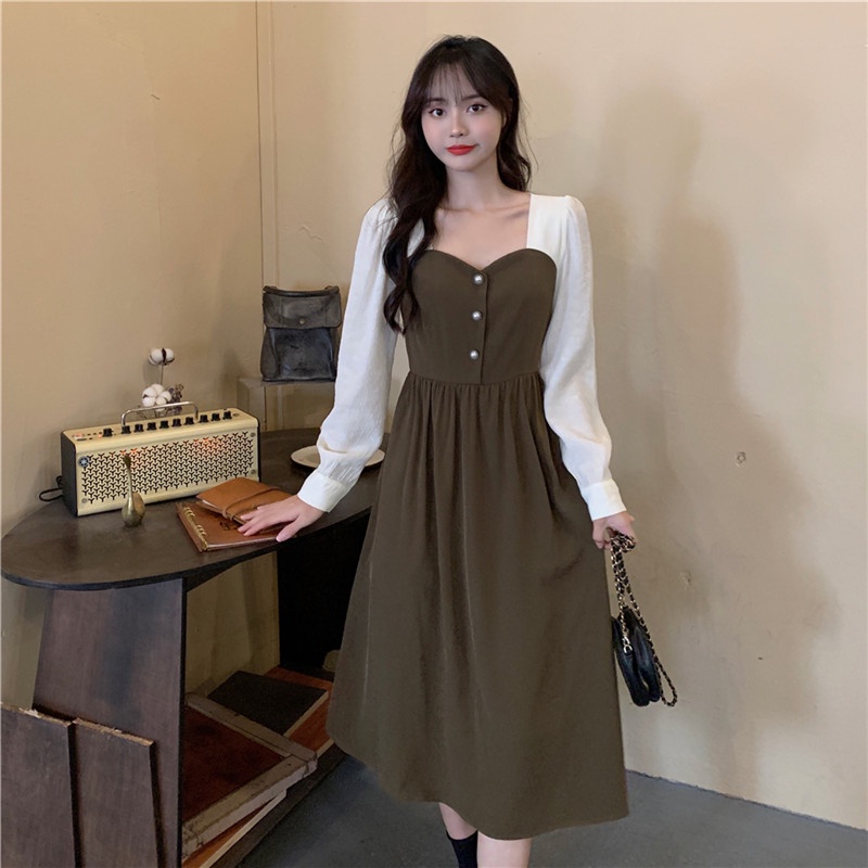 Dress A-line Elegan dengan pinggang elastis gaun Midi Lengan Panjang Kasual Wanita