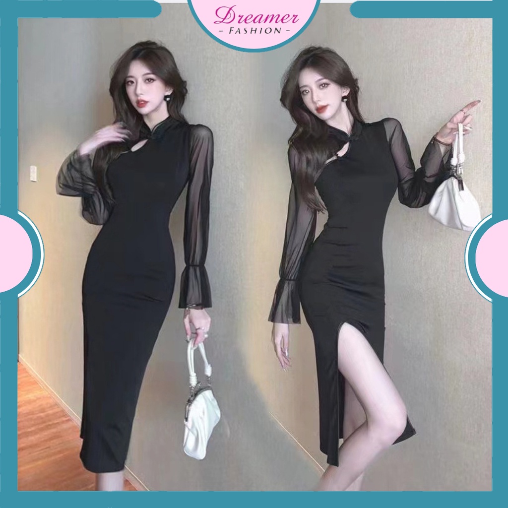 DF DR356 Dress Midi Wanita Lengan Panjang Dress Elegant Korean Fashion