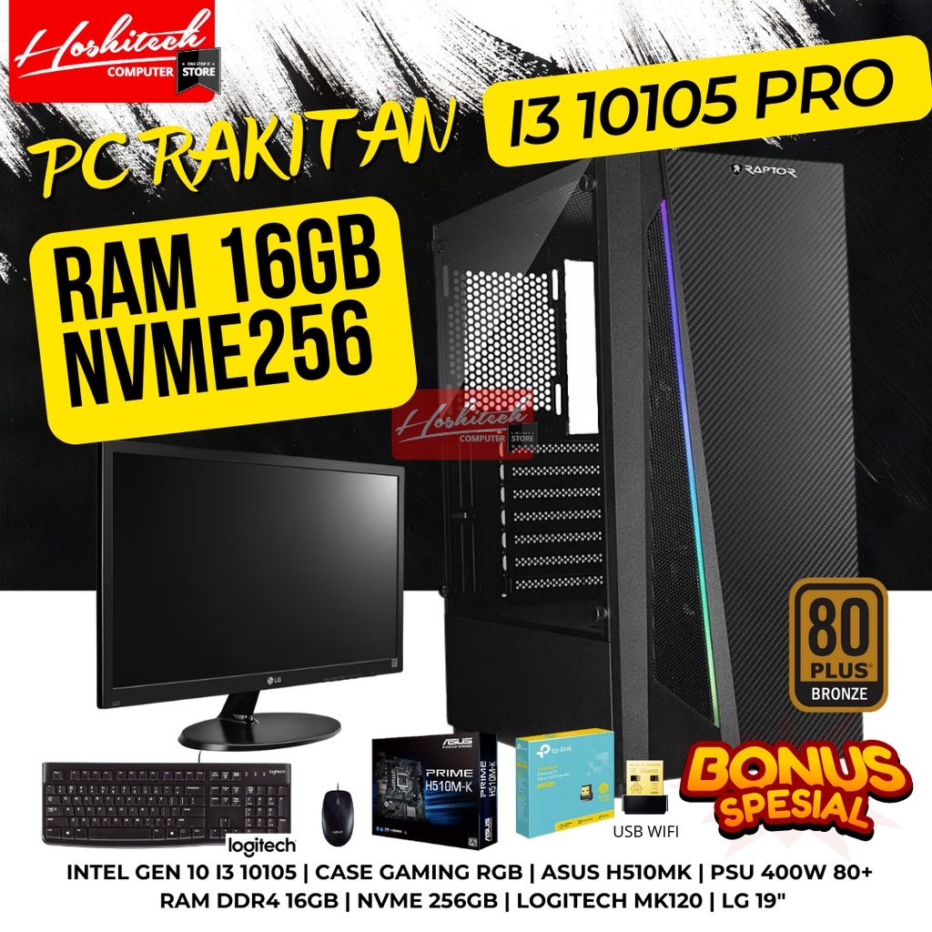 PC RAKITAN GAMING EDITING i3 10105 RAM 16GB NVME 256GB MONITOR